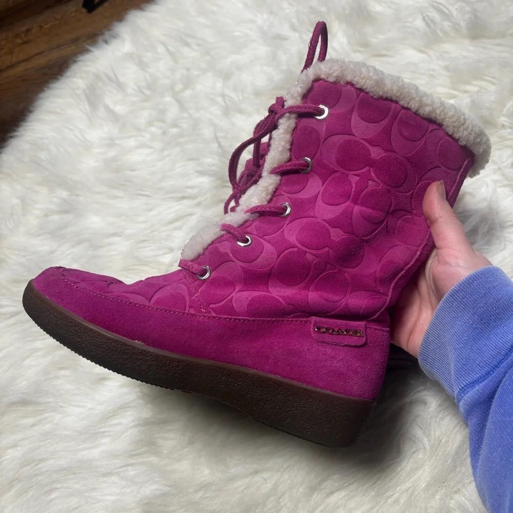 Coach “Tuesday” Leather Women's Fuchsia Boots with Shearling Lining size 5